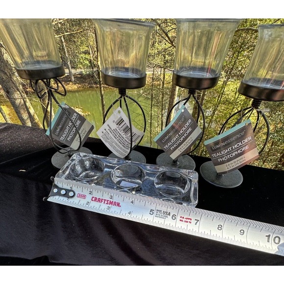 4 Greenbrier Int. Black Metal & Heavy Clear Glass Candle Holders Brand New -A29 - Picture 8 of 12